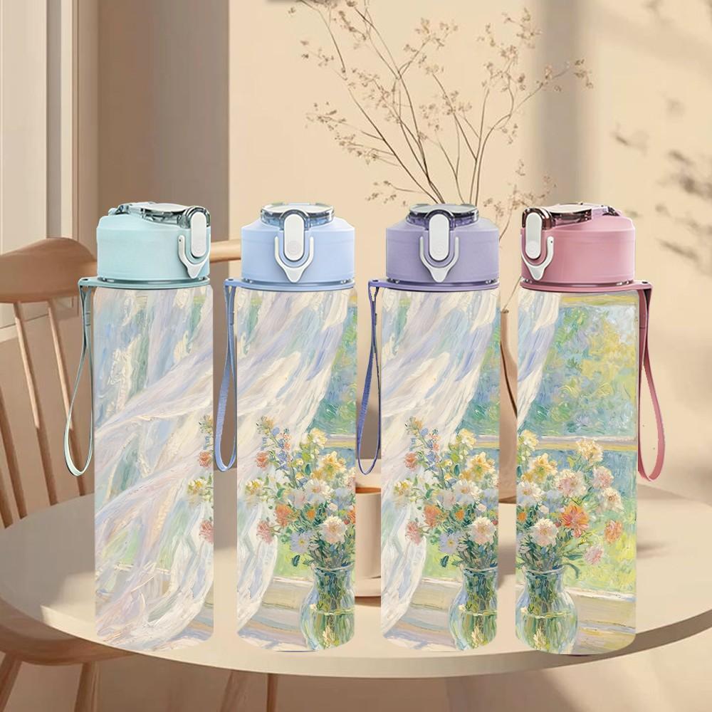 1PC Soft Vase Bouquet Impressionist Flower Painting 750ml Color Plastic Sports Water Bottle Leakproof Flip Straw Lid Suitable for Sports Office Home