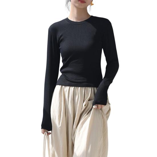 Женская футболка с круглым вырезом и длинным рукавом, облегающая футболка, однотонная, легкая, универсальная, топы, одежда для отдыха