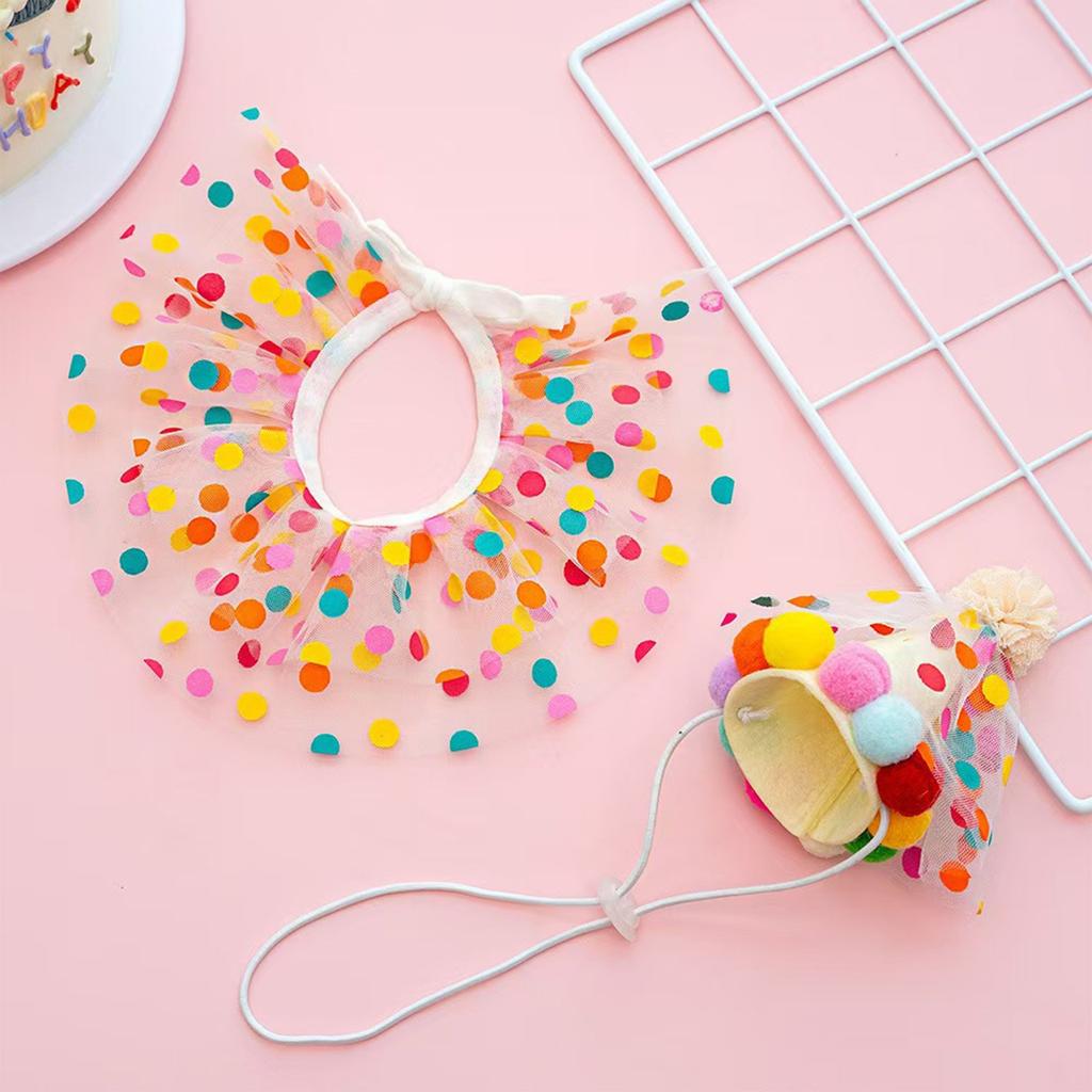 Pet Birthday Hat Scarf Set Puppy Princess Costume Cute Lace Costume Dog Colourful Polka Dot Bandana Hat Happy Birthday Decoration Pet Party