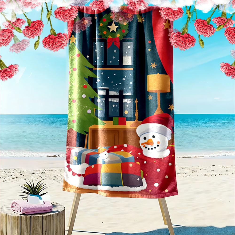 Cozy winter holiday scene Print beach towel, quick drying, suitable for travel, outdoor sports, jogging, the beach and swimming, gift
