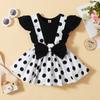 2pcs/set Toddler Girl Dress Set Ruffled Short Sleeve Top+Overalls Dress Solid Blouse+Polka Dot Suspender Dress Children Outfits 1-5Y