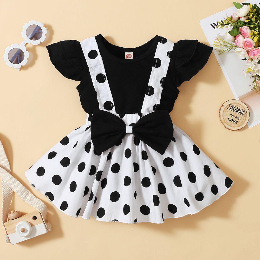 2pcs/set Toddler Girl Dress Set Ruffled Short Sleeve Top+Overalls Dress Solid Blouse+Polka Dot Suspender Dress Children Outfits 1-5Y
