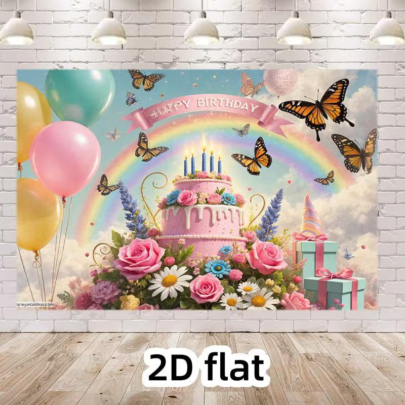 2D Whimsical Rainbow Backdrop, Happy Birthday with Butterflies & Cake Party Background