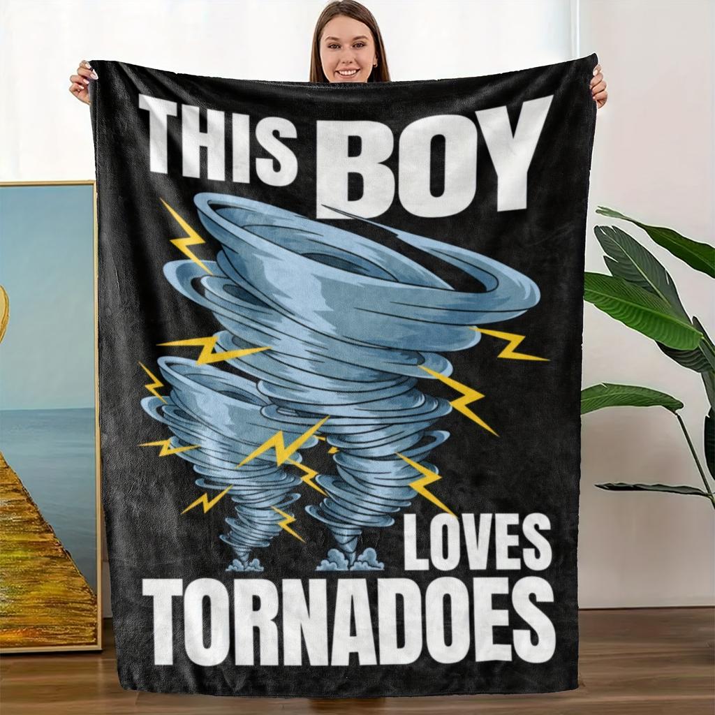 This Boy Loves Tornadoes" Black Flannel Throw Blanket - Stormy Turbo Design with Lightning Bolts & Cartoon Tornadoes, Modern Home Decor, Mac