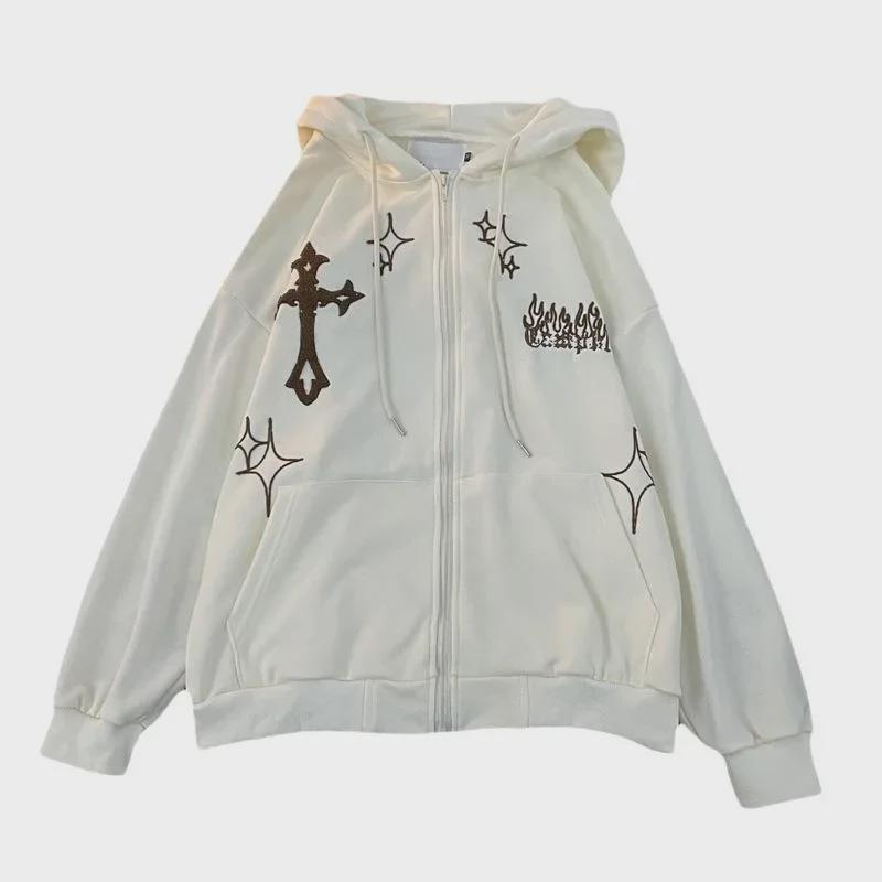 Cross Flame Embroidered Retro Hip Hop Unisex Cardigan Jacket
