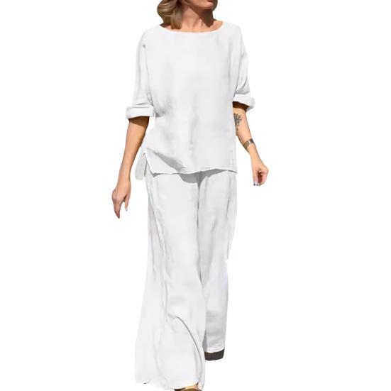 2Pcs/Set Women Casual Outfit O-neck Long Sleeve Tops Elastic Waist Wide Leg Long Pants Set Solid Color Loungewear