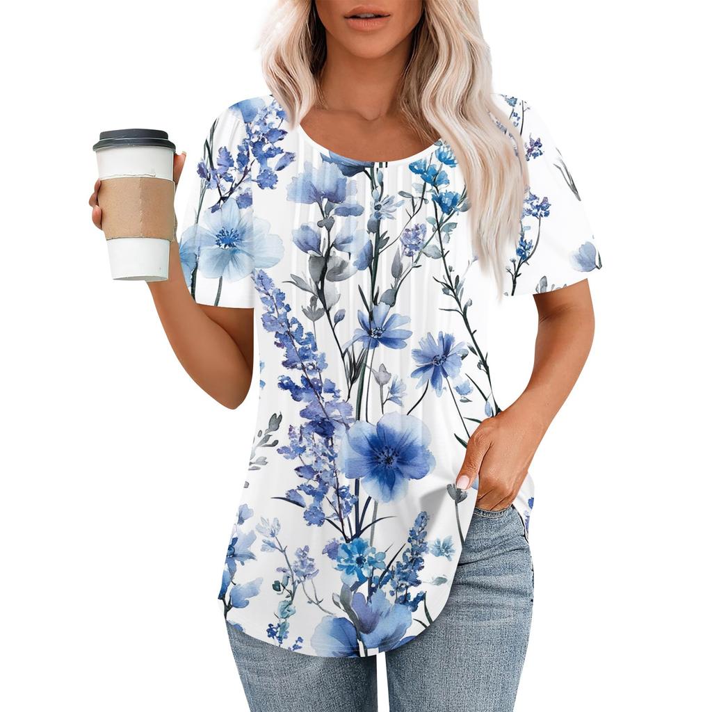 Женская модная повседневная плиссированная футболка в полоску с круглым вырезом и цветочным принтом с короткими рукавами, топ