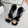 Fashion Elegant Square Toe High Heel Sandals Women's Summer Shoes Metal Flower Decoration High-heeled Sandals Mules Slides