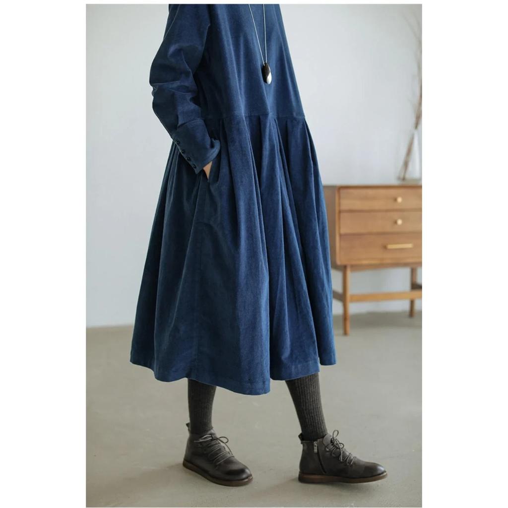 LYRIA Dress for Women Autumn Winter Japanese Korean Fashion Loose Casual Corduroy Clothing Vintage Elegant Long Sleeve A-line Dress