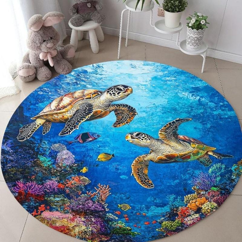 Watercolor Sea Turtle Coral Round Area Rug Non-Slip Floor Mat for Bedroom Ocean Themed Decor