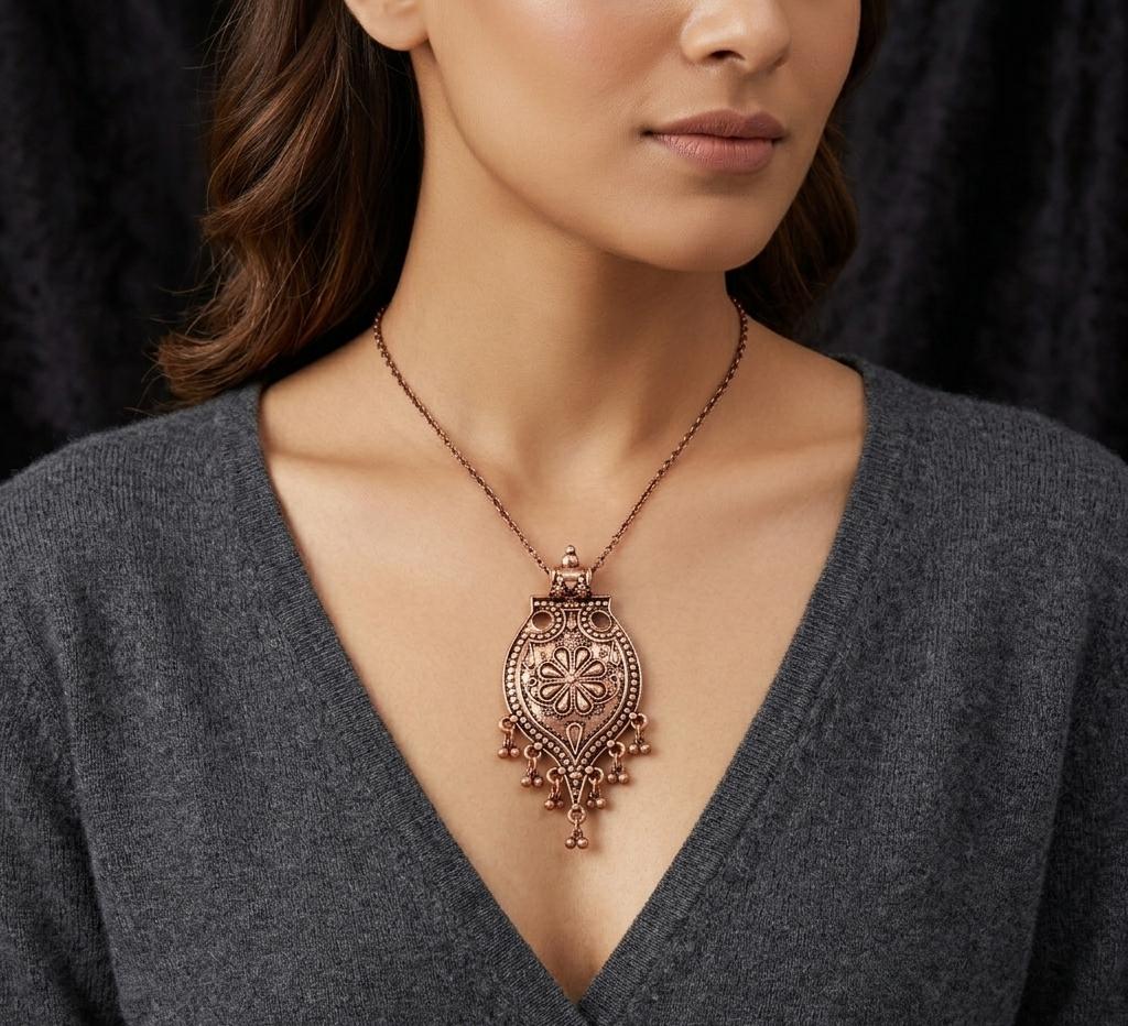 Boho Chic Oxidized Copper Teardrop Pendant Ethnic Floral Carved Charm with Tassel Beads Gypsy Style Jewelry Gift for Her