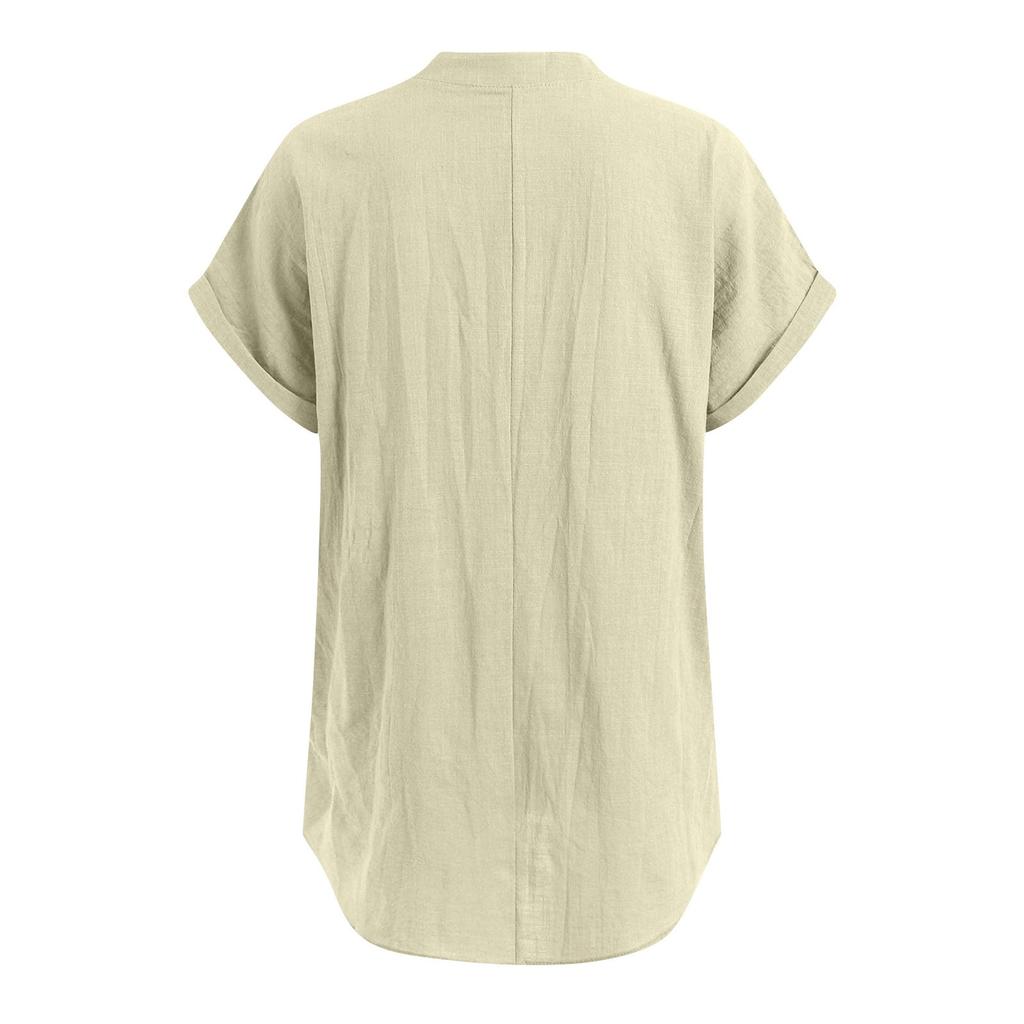 Женская мода однотонная рубашка с V-образным вырезом, пуговицами и карманом, с короткими рукавами, хлопковая повседневная футболка топ