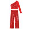 Girls Sparkly Dance Outfit Sheer Mesh Long Sleeve One Shoulder Crop Top