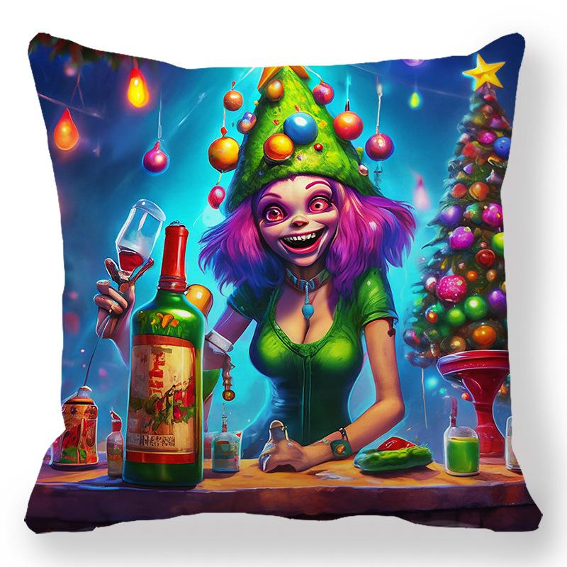 Christmas Cartoon Oil Painting Theme Digital Printing Short Plush Pillow Covers For Car Sofa Office Cushion Cover Home Goods