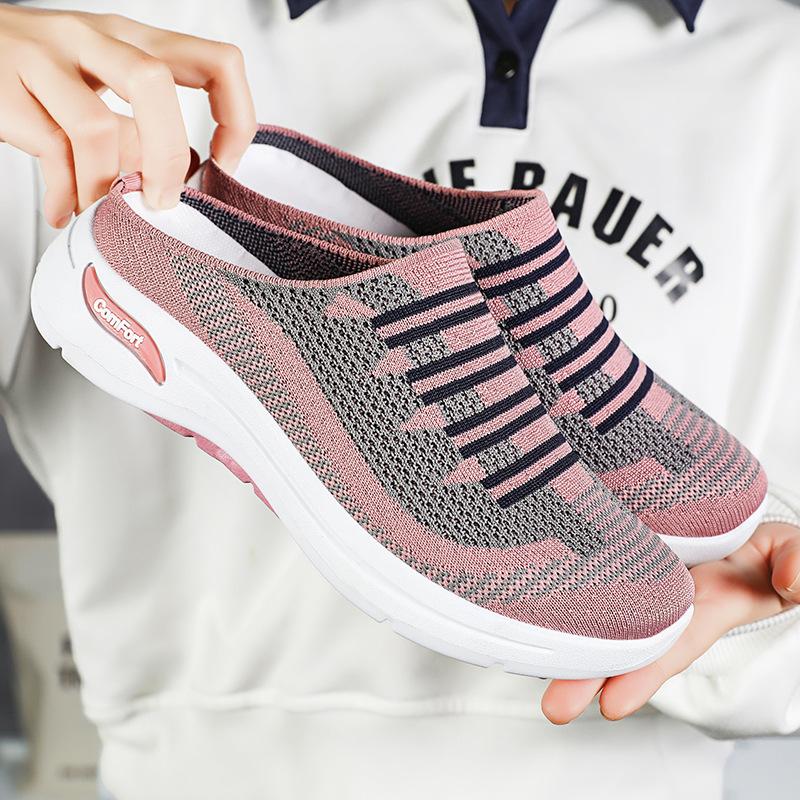 Women's Summer New Half Drag Women's Shoes, Fly Woven Fabric Shoes, Convenient Casual Shoes