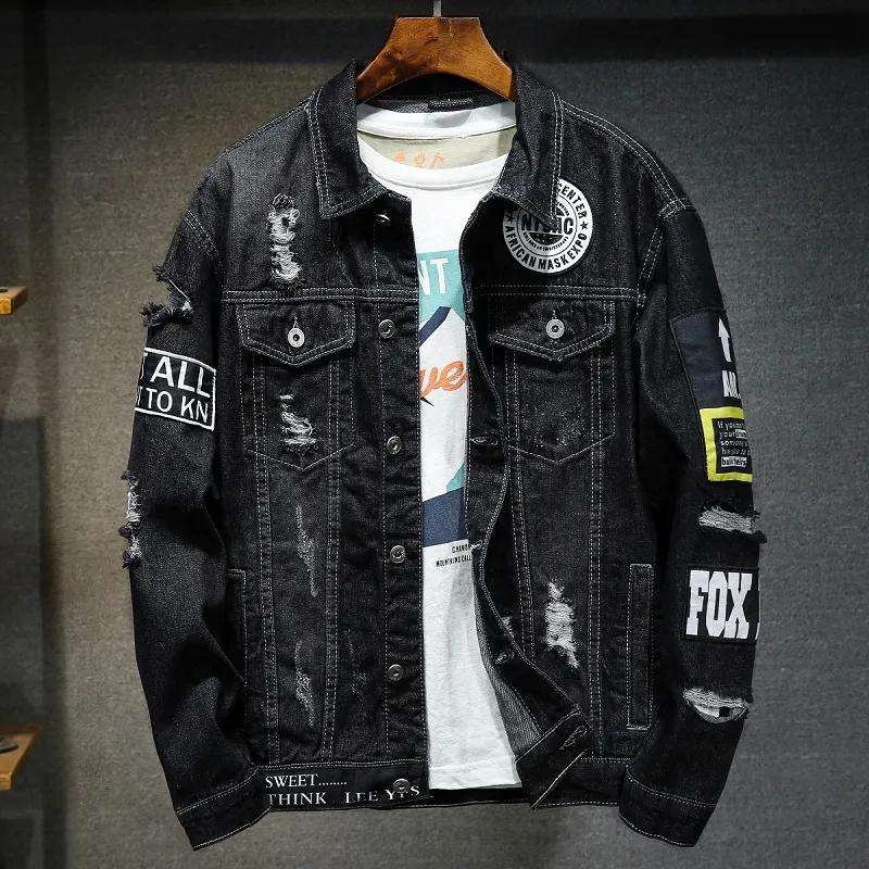 Men Ripped Patches Denim Jacket Streetwear Distressed Cotton Coat Embroidery Patchwork Outerwear