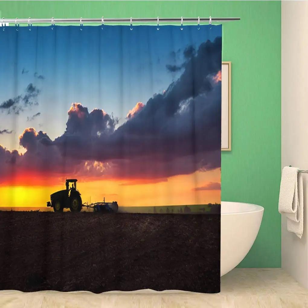 Rustic Shower Curtain Old Wooden Barn with Rusted Tractor Hillside Wooden Fence and Trees Cloth Fabric Bathroom Decor with Hooks