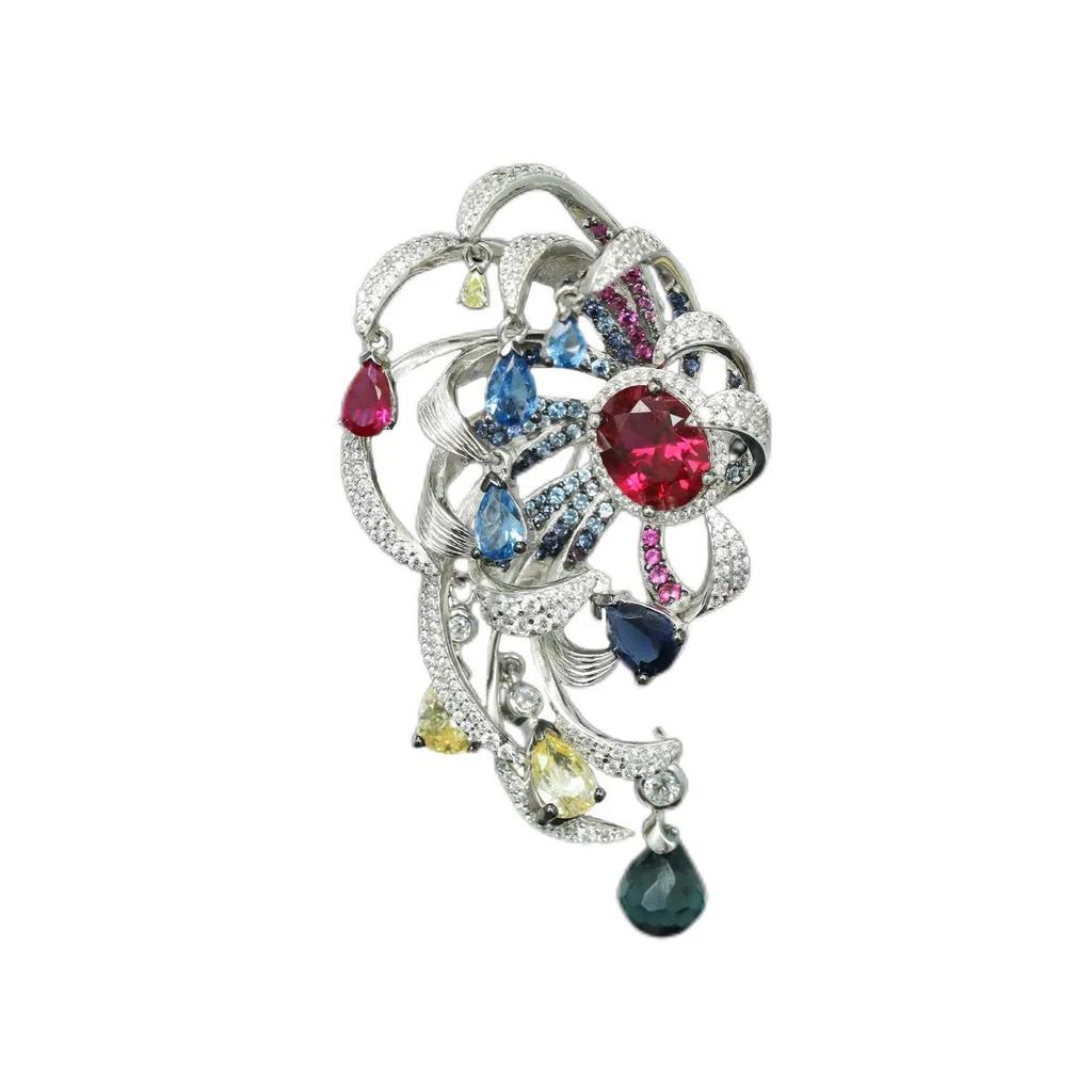 Wuiha Vintage 925 Sterling Sliver Lab Sapphire Ruby High Carbon Diamond Gemstone Corsage Flower Brooch Brooches Pin Fine Jewelry