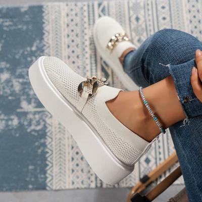 Толстая подошва Fly Woven дышащие низкие туфли-лодочки, женские мокасины с цепочным декором