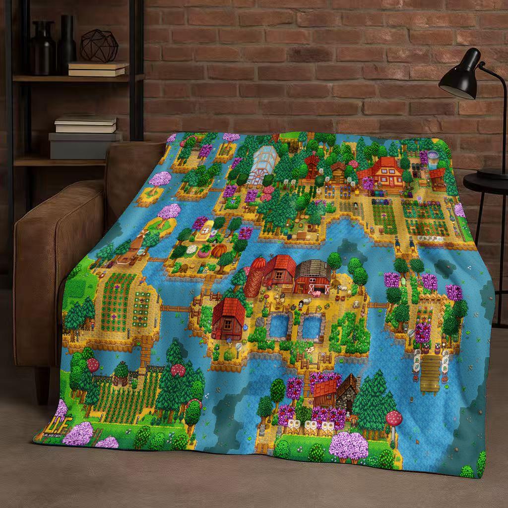 Retro Stardew Valley Farm Map Pixel Game Flannel Blanket,Ultra Soft Warm Plush Throw for Home Bedroom Bed Sofa Cover Kids Gift