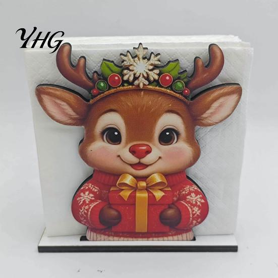 Sturdy Wood Napkin Rack Wooden Christmas Holder, Gingerbread Man And Deer Design, Table Ornament Decorative Vertical Paper Towel Storage for