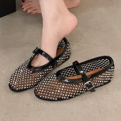 Модные сандалии из сетки со стразами, дышащие, модные, универсальные, женские, в зарубежном стиле, нишевые, с ремешком, на плоской мягкой подошве, сетчатые туфли, женская обувь