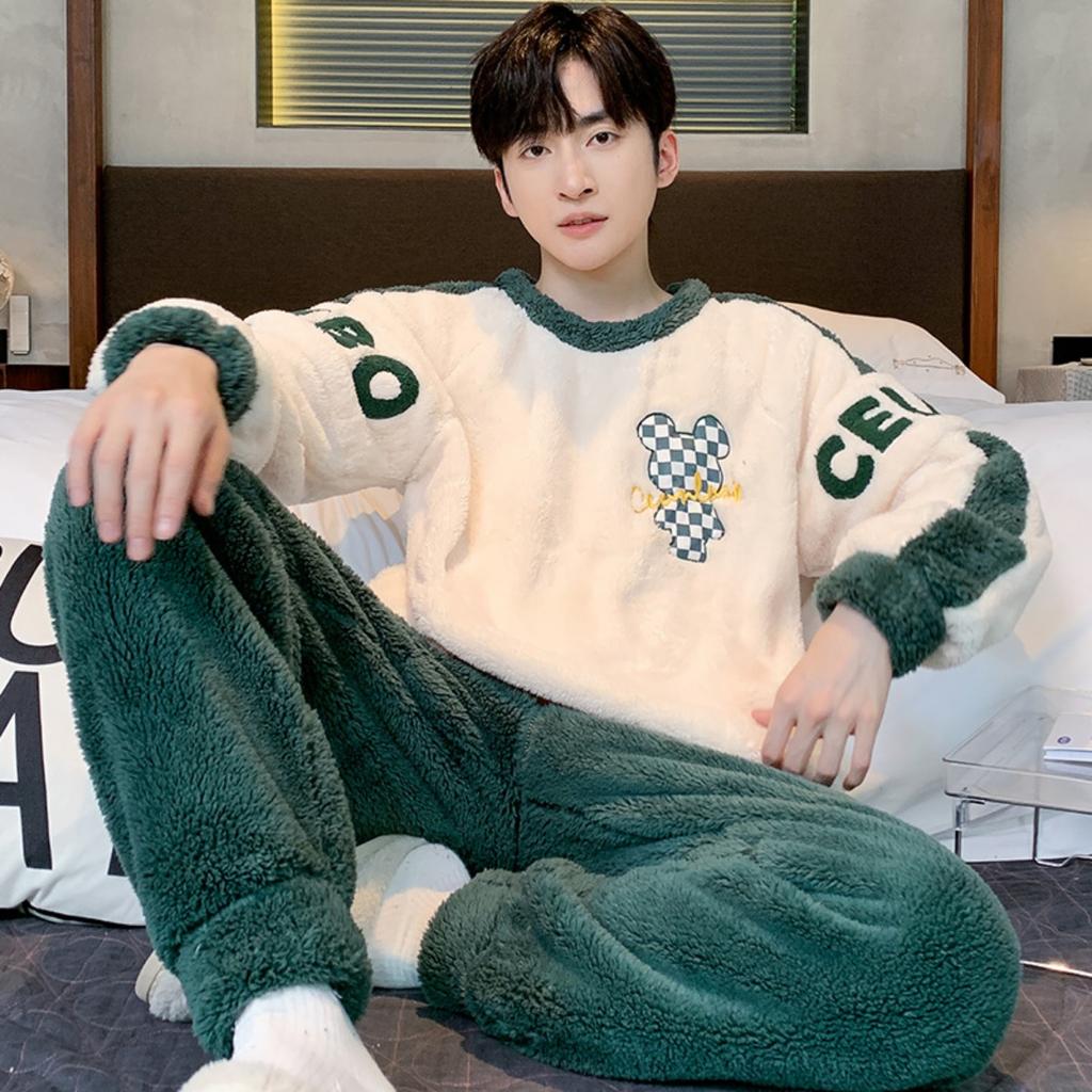 Зимняя одежда, коралловый флис, пижамы, мужская одежда, утепленный флис, круглый вырез, брюки с длинными рукавами, костюмы, домашняя одежда