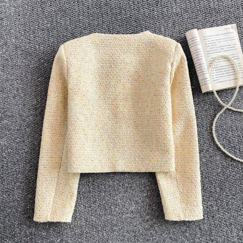 Осень Зима Женский Элегантный Маленький Ароматный Ветер Полный Рукав Однобортный Твидовый Короткий Пиджак Пальто С Карманом