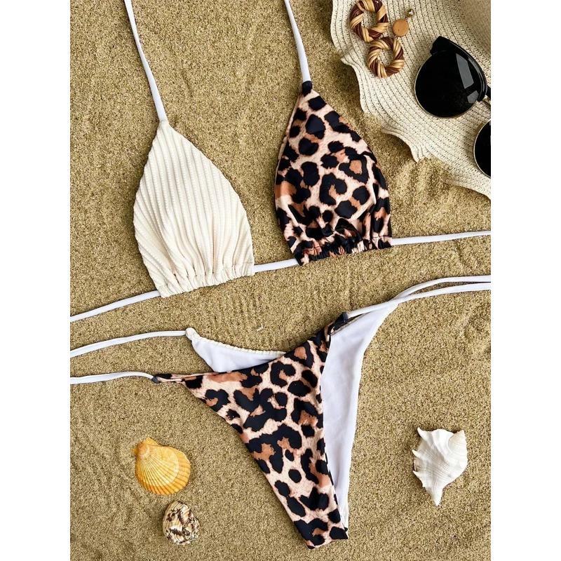 Бикини с леопардовым принтом и бретельками через шею 2025 года, мини-микробикини, женский купальник, женский купальник, комплект бикини из двух частей, купальный костюм, плавание