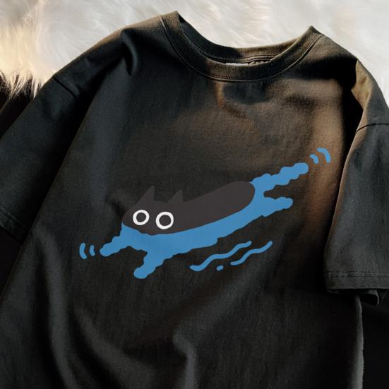 Повседневная футболка для пары с рисунком черной кошки, футболка с круглым вырезом, свободный летний топ для мужчин и женщин, домашняя спортивная одежда для улицы