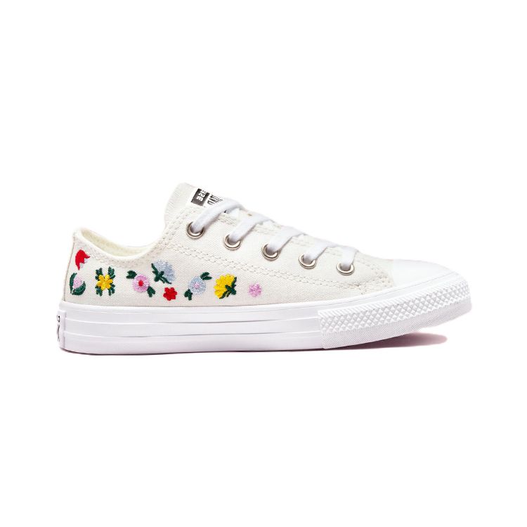 Converse Детские кроссовки Chuck Taylor All Star Low PS с цветочной вышивкой, белый винтаж-белый A02211C