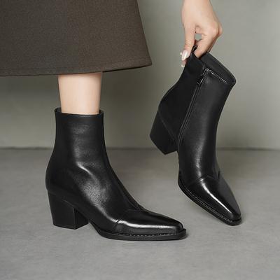 Премиальные ретро коричневые на толстом каблуке с острым носком короткие ботинки женские 2025 осень и зима боковая молния вставки из натуральной кожи ботинки челси