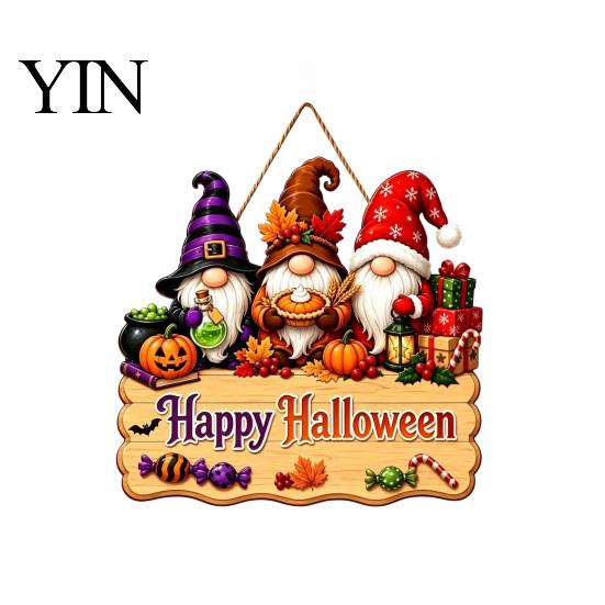 Decorative Wood Board Halloween Wooden Hanging Sign, Happy Door Sign with Gnomes/Ghosts, Retro Ornament for Shop Autumn Harvest Festival Wall