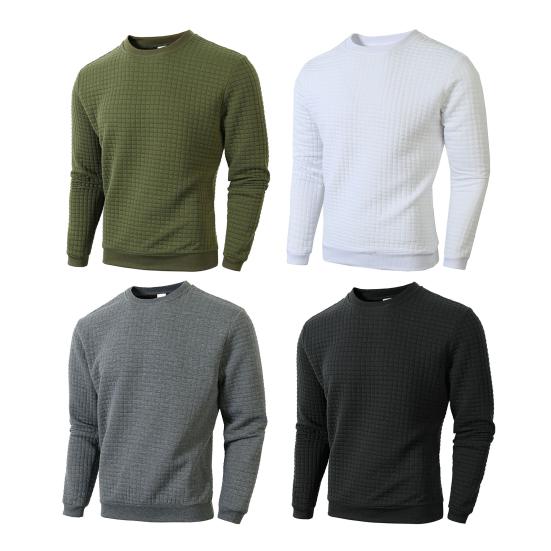 Мужской весенний топ с 3D-клеткой, с текстурой O-образного выреза, облегающий крой, с длинным рукавом, однотонный