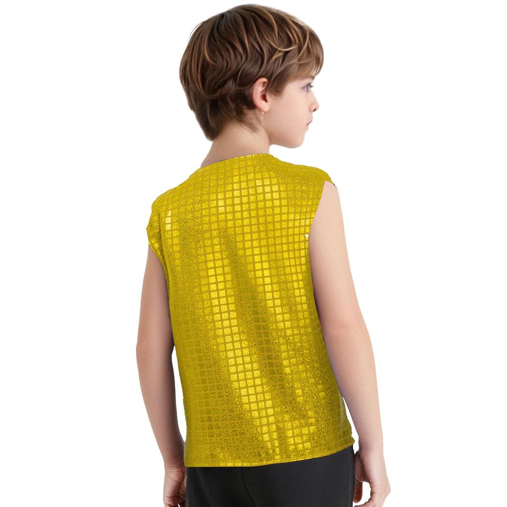 Boys Girls Dance Stage Performance Costume V Neck Sleeveless Asymmetrical Hem Button Metallic Plaid Vest