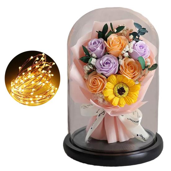 Букет искусственных роз со светодиодной подсветкой, стеклянный купол, вечное цветочное украшение для женщин, жен, девушек, годовщины, дня святого Валентина, подарка на день матери
