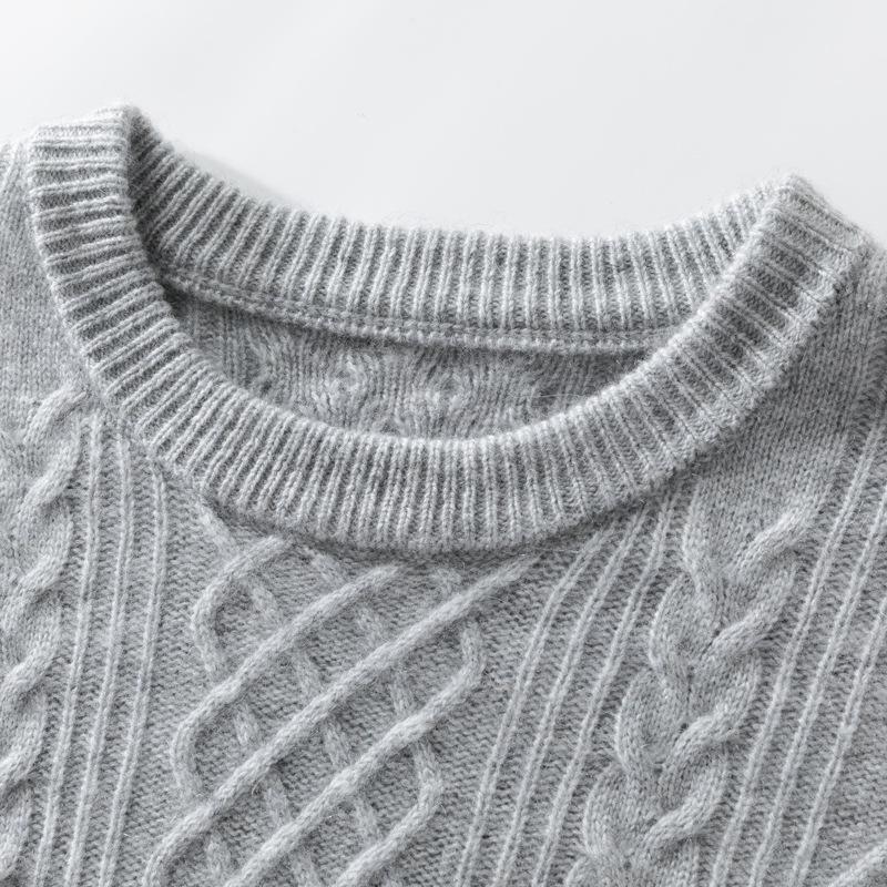Men's Round Neck Thick Cable Knit Cashmere Sweater - Loose Fit Jacquard Base Layer, Youth Business Casual Knitwear