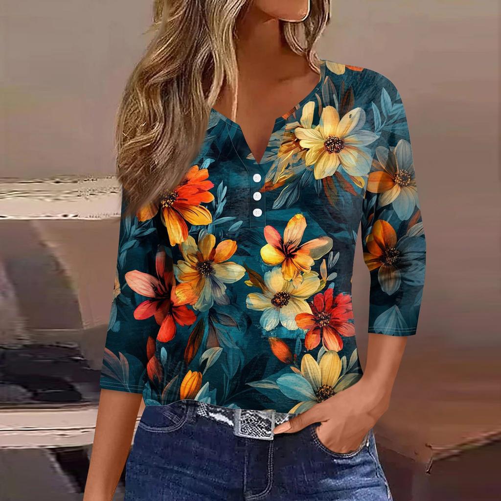 Женский свободный повседневный топ с цветочным принтом и V-образным вырезом с рукавами семь четвертей Топ с V-образным вырезом и рукавами семь четвертей