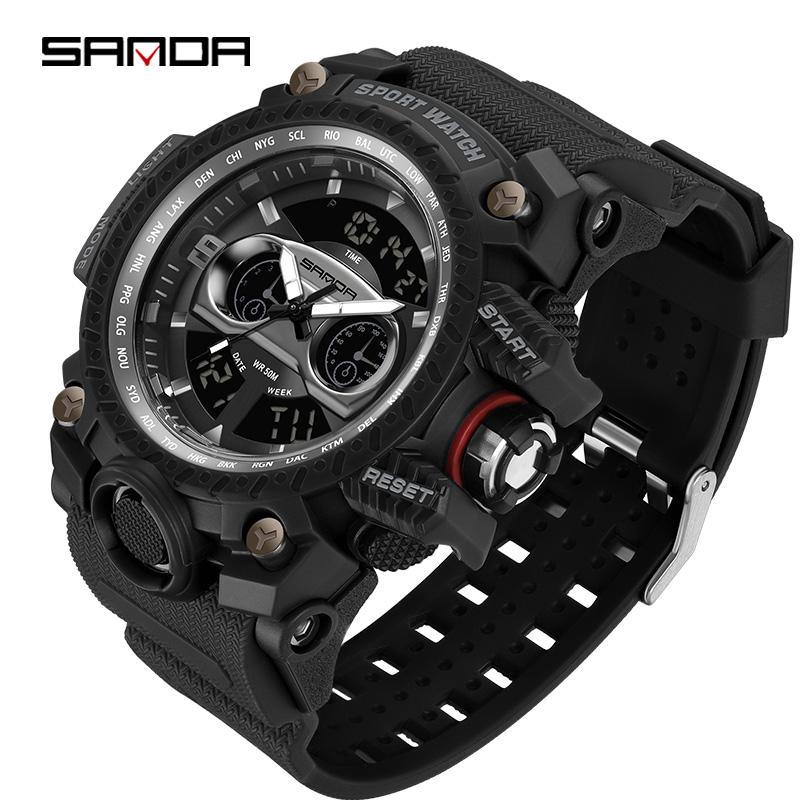 SANDA G Style Новые мужские часы 50M Водонепроницаемые Спортивные Военные Кварцевые часы Для мужчин Светодиодные Цифровые Электронные Наручные часы Часы