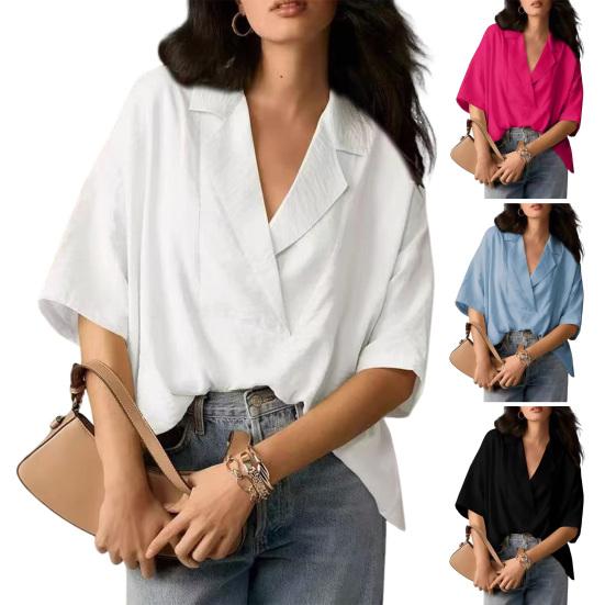 Women Shirt Loose Fit Lapel Half Sleeves Solid Color Pullover Tops Retro
