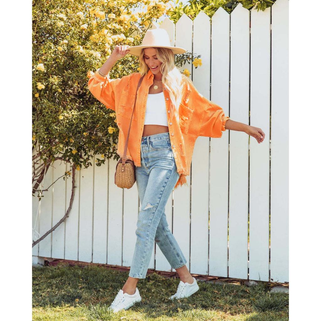 Lapel Long Sleeve Vintage Street Ripped Raw Edge Denim Jacket Women's