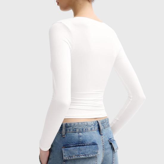 Женские топы с круглым вырезом, длинным рукавом, облегающие, однотонные, эластичные, стандартного кроя, универсальные блузки