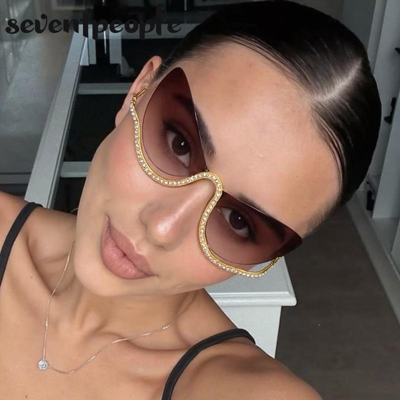 Sexy Cat Eye Punk Rimless Sunglasses Women Luxury Brand Vintage Metal Frame Rhinestone Sun Glasses For Lady Eyewear UV400