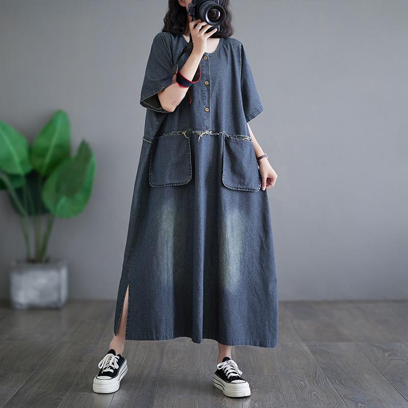Dimanaf Plus Size 2024 Spring Women Denim Dress Cotton Casual Vintage Long Sleeve Loose Oversized Dress Pockets