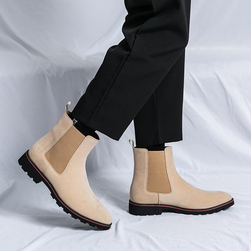 Мода Мужчины Винтаж Мода Челси Ботинки Замша Кожа Одним Шагом Заостренный Носок Деловые Мужские Ботинки для Ходьбы Короткие Ботинки Размер 38-46 Мужские Ботинки