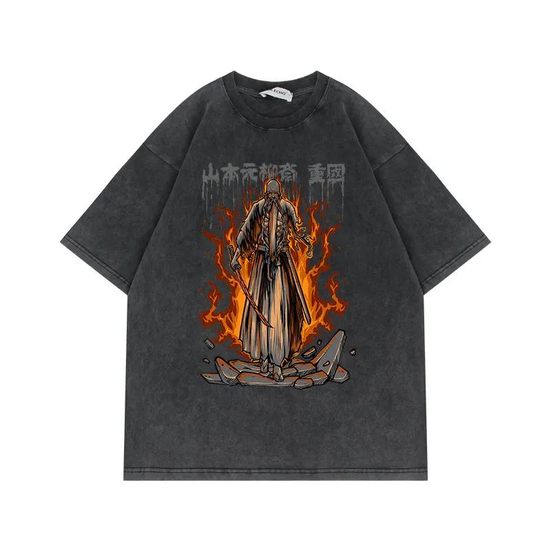 240g BLEACH T-Shirt Anime-Inspired American Vintage Distressed Washed Cotton Short-Sleeve Top Wide Fit Oversized Trendy - TT8858