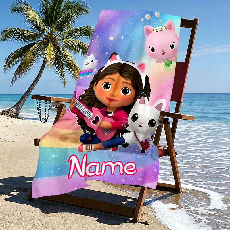 Custom Name Personalized Gabby's Dollhouse Print Beach Towel, for Trip Camping Beach Party Home Decor, Birthday Gift for Family & Friends