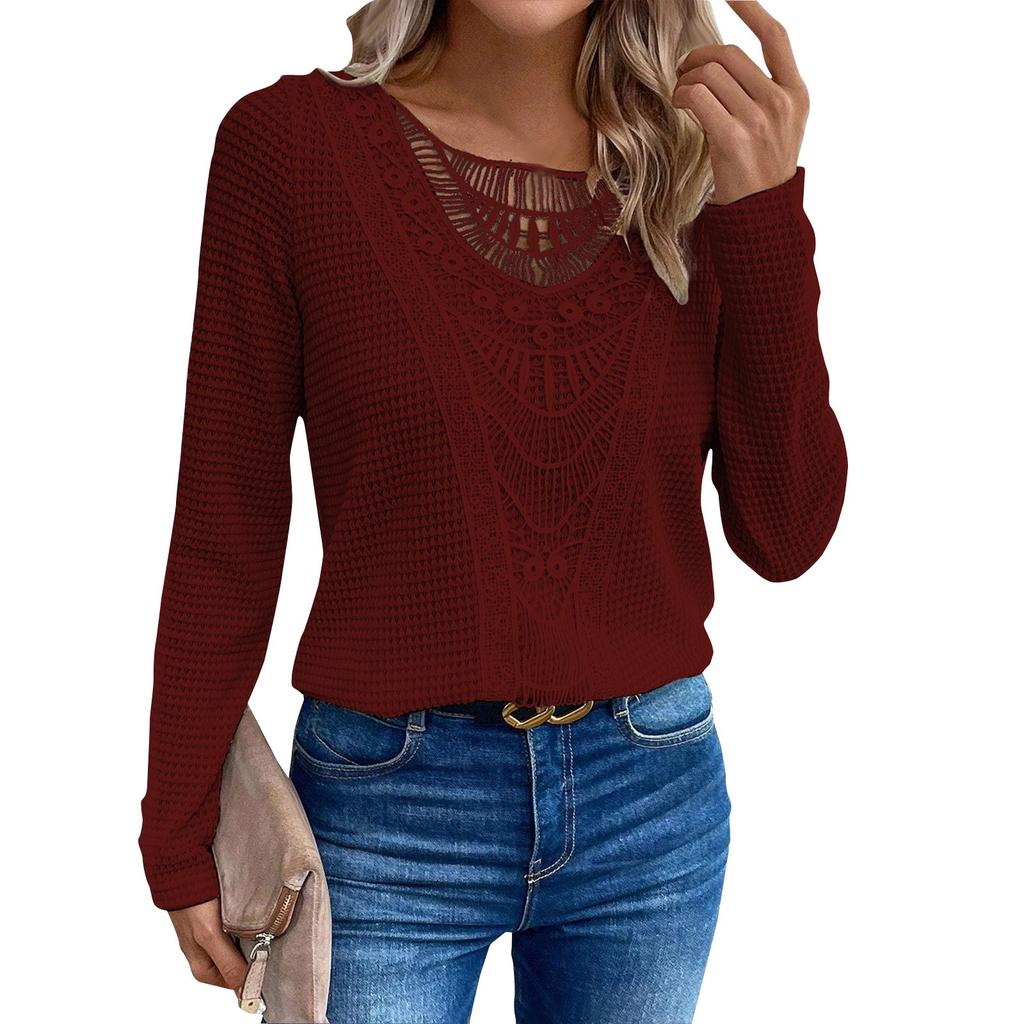  Футболка с длинными рукавами Solid Solor Lace Patchwork с кружевным круглым вырезом для женщин