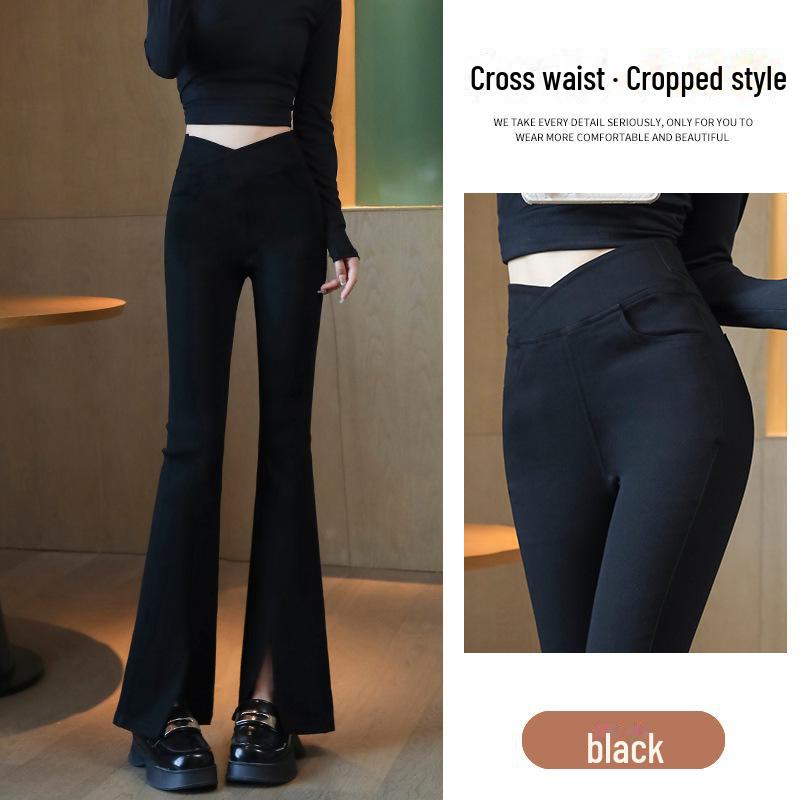 High-Waist Black Plush Flared Pants for Women - Slim-Fitting, Elastic, Avocado Color, Ideal for Autumn/Winter.
