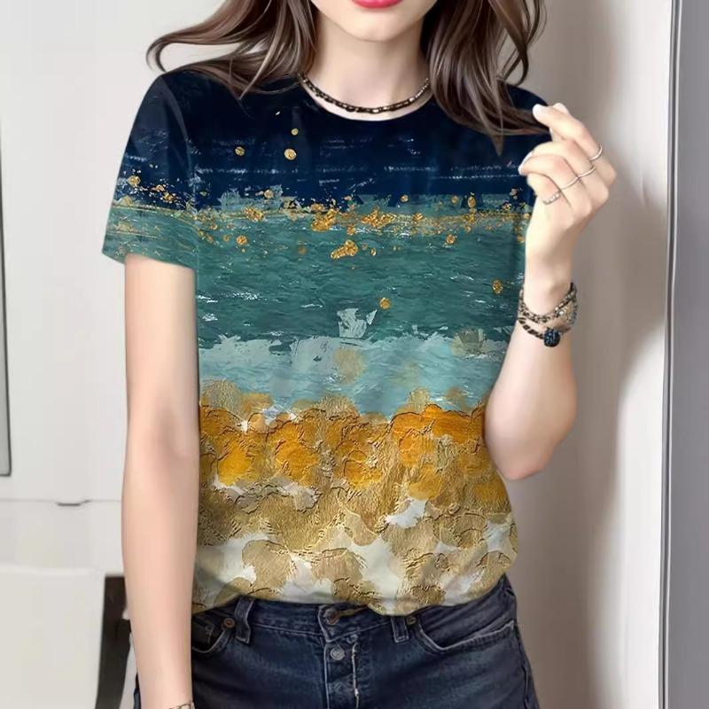 Colorful Pattern 3D Digital Printing Women's Loose Casual Round Neck Short Sleeved Shirt T-Shirts Women’s